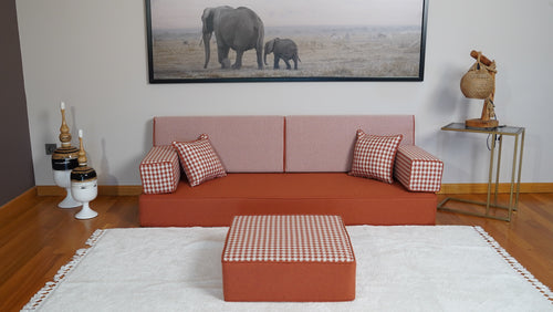 Orange Gingham Haven: Premium Linen Floor Sofa – Contemporary Corner Couch – Washable Ground Seating – Luxury Settee
