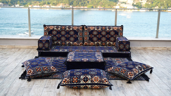Navy Blue Afghan Heritage: Single Floor Sofa Set – Arabic Sofa – Traditional Majlis Floor Seating Set – Jalsa Seating Set
