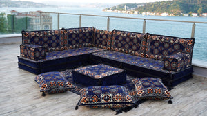 Navy Blue Single Arabic Floor Sofa Set, Handmade Livingroom Floor Couch, Arabic Seating