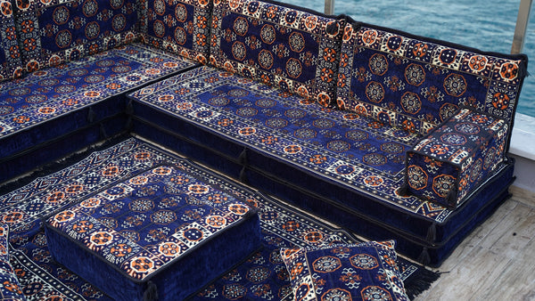 Navy Blue Single Arabic Floor Sofa Set, Handmade Livingroom Floor Couch, Arabic Seating