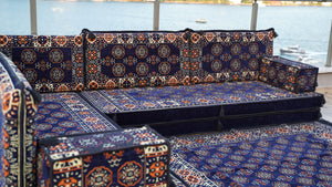 Navy Blue Single Arabic Floor Sofa Set, Handmade Livingroom Floor Couch, Arabic Seating