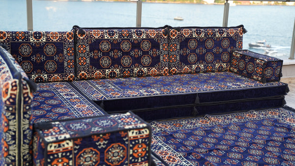 Navy Blue Single Arabic Floor Sofa Set, Handmade Livingroom Floor Couch, Arabic Seating