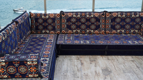 Navy Blue Single Arabic Floor Sofa Set, Handmade Livingroom Floor Couch, Arabic Seating