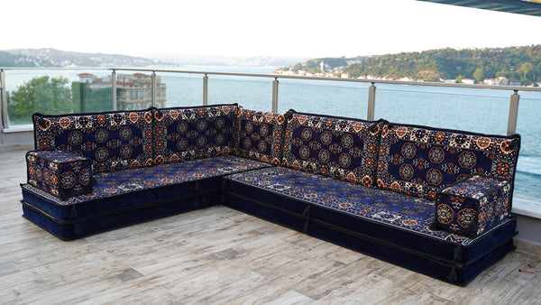 Navy Blue Single Arabic Floor Sofa Set, Handmade Livingroom Floor Couch, Arabic Seating