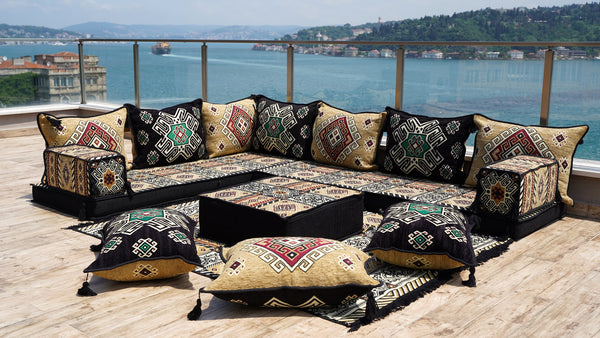 8'' dicke L-förmige Sofagarnitur, arabische Ecksofagarnitur, orientalische Bodensitzgelegenheit, Bodenkissen, Wohnzimmersofa, arabisches Majlis
