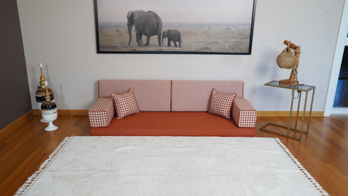 Orange Gingham Haven: Premium Linen Floor Sofa – Contemporary Corner Couch – Washable Ground Seating – Luxury Settee
