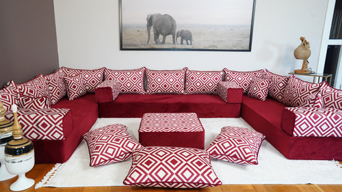 Red Andalusian Trellis: Velvet Sofa Sets – U Shaped Sofa Set – Modular Floor Sofa – Low Seating Lounge