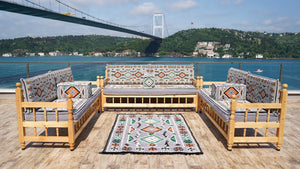 Gray Patio Bench Sofa, Arabic Jalsah Seating, Moroccan Bench Cushion, Wooden Bench Sofa Sets, Outdoor Furniture, Yemeni Majlis, Moroccan Sofas, Outdoor Bench