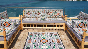 Gray Patio Bench Sofa, Arabic Jalsah Seating, Moroccan Bench Cushion, Wooden Bench Sofa Sets, Outdoor Furniture, Yemeni Majlis, Moroccan Sofas, Outdoor Bench
