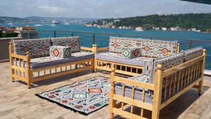 Gray Patio Bench Sofa, Arabic Jalsah Seating, Moroccan Bench Cushion, Wooden Bench Sofa Sets, Outdoor Furniture, Yemeni Majlis, Moroccan Sofas, Outdoor Bench