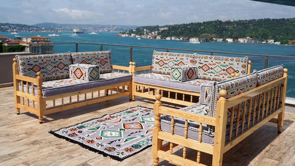 Gray Patio Bench Sofa, Arabic Jalsah Seating, Moroccan Bench Cushion, Wooden Bench Sofa Sets, Outdoor Furniture, Yemeni Majlis, Moroccan Sofas, Outdoor Bench