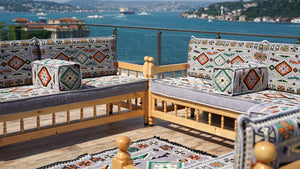 Gray Patio Bench Sofa, Arabic Jalsah Seating, Moroccan Bench Cushion, Wooden Bench Sofa Sets, Outdoor Furniture, Yemeni Majlis, Moroccan Sofas, Outdoor Bench