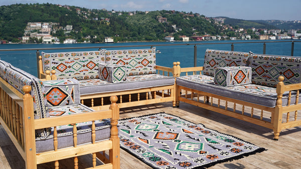 Gray Patio Bench Sofa, Arabic Jalsah Seating, Moroccan Bench Cushion, Wooden Bench Sofa Sets, Outdoor Furniture, Yemeni Majlis, Moroccan Sofas, Outdoor Bench