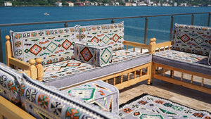 Gray Patio Bench Sofa, Arabic Jalsah Seating, Moroccan Bench Cushion, Wooden Bench Sofa Sets, Outdoor Furniture, Yemeni Majlis, Moroccan Sofas, Outdoor Bench