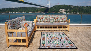 Gray Patio Bench Sofa, Arabic Jalsah Seating, Moroccan Bench Cushion, Wooden Bench Sofa Sets, Outdoor Furniture, Yemeni Majlis, Moroccan Sofas, Outdoor Bench