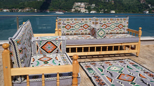 Gray Patio Bench Sofa, Arabic Jalsah Seating, Moroccan Bench Cushion, Wooden Bench Sofa Sets, Outdoor Furniture, Yemeni Majlis, Moroccan Sofas, Outdoor Bench