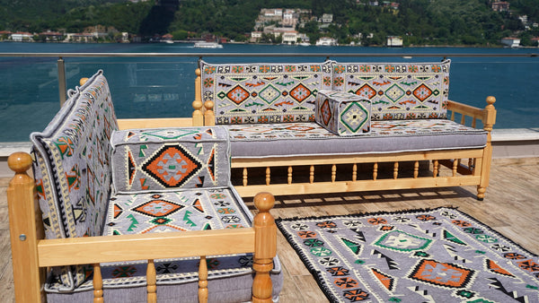 Gray Patio Bench Sofa, Arabic Jalsah Seating, Moroccan Bench Cushion, Wooden Bench Sofa Sets, Outdoor Furniture, Yemeni Majlis, Moroccan Sofas, Outdoor Bench