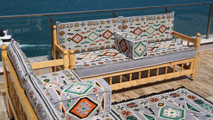 Gray Patio Bench Sofa, Arabic Jalsah Seating, Moroccan Bench Cushion, Wooden Bench Sofa Sets, Outdoor Furniture, Yemeni Majlis, Moroccan Sofas, Outdoor Bench