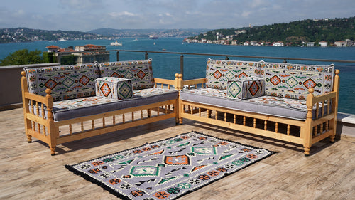Gray Patio Bench Sofa, Arabic Jalsah Seating, Moroccan Bench Cushion, Wooden Bench Sofa Sets, Outdoor Furniture, Yemeni Majlis, Moroccan Sofas, Outdoor Bench