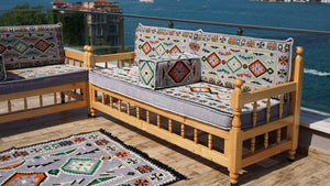 Gray Patio Bench Sofa, Arabic Jalsah Seating, Moroccan Bench Cushion, Wooden Bench Sofa Sets, Outdoor Furniture, Yemeni Majlis, Moroccan Sofas, Outdoor Bench