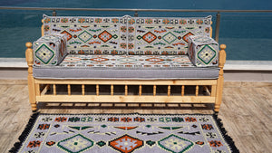 Gray Patio Bench Sofa, Arabic Jalsah Seating, Moroccan Bench Cushion, Wooden Bench Sofa Sets, Outdoor Furniture, Yemeni Majlis, Moroccan Sofas, Outdoor Bench