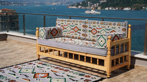 Gray Patio Bench Sofa, Arabic Jalsah Seating, Moroccan Bench Cushion, Wooden Bench Sofa Sets, Outdoor Furniture, Yemeni Majlis, Moroccan Sofas, Outdoor Bench