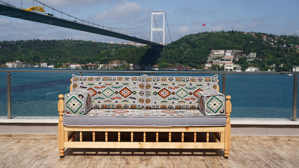 Gray Patio Bench Sofa, Arabic Jalsah Seating, Moroccan Bench Cushion, Wooden Bench Sofa Sets, Outdoor Furniture, Yemeni Majlis, Moroccan Sofas, Outdoor Bench