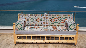 Gray Patio Bench Sofa, Arabic Jalsah Seating, Moroccan Bench Cushion, Wooden Bench Sofa Sets, Outdoor Furniture, Yemeni Majlis, Moroccan Sofas, Outdoor Bench