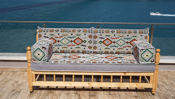 Gray Patio Bench Sofa, Arabic Jalsah Seating, Moroccan Bench Cushion, Wooden Bench Sofa Sets, Outdoor Furniture, Yemeni Majlis, Moroccan Sofas, Outdoor Bench