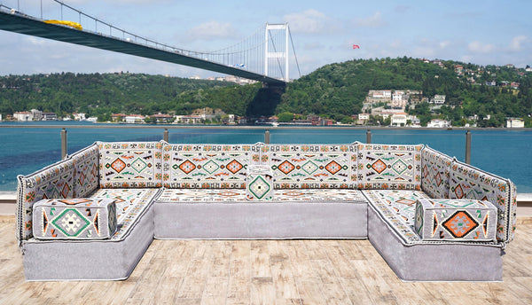 U Shaped Arabic Floor Sofa Set, Gray Floor Cushions, Balcony Patio Sofas, Pallet Sofa, Ethnic Sofa, Moroccan Sofas