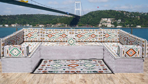 U Shaped Arabic Floor Sofa Set, Gray Floor Cushions, Balcony Patio Sofas, Pallet Sofa, Ethnic Sofa, Moroccan Sofas