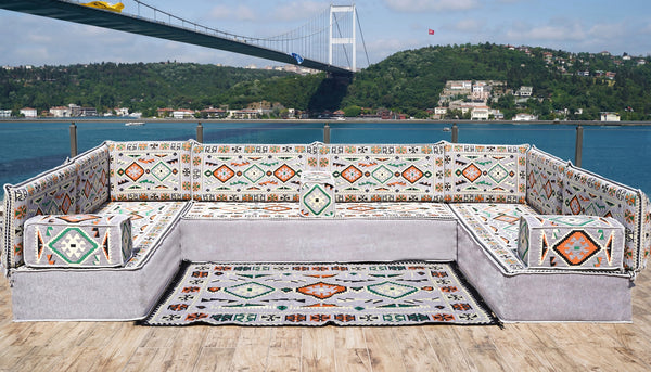 Grauer anatolischer Herd: U-förmiges Bodensofa-Set – Modulares orientalisches Sitzmöbel-Set – Kilim-Bodenkissen-Sofa