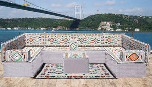U Shaped Arabic Floor Sofa Set, Gray Floor Cushions, Balcony Patio Sofas, Pallet Sofa, Ethnic Sofa, Moroccan Sofas