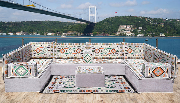 U Shaped Arabic Floor Sofa Set, Gray Floor Cushions, Balcony Patio Sofas, Pallet Sofa, Ethnic Sofa, Moroccan Sofas