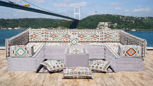 U Shaped Arabic Floor Sofa Set, Gray Floor Cushions, Balcony Patio Sofas, Pallet Sofa, Ethnic Sofa, Moroccan Sofas