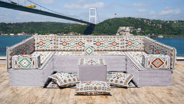 U Shaped Arabic Floor Sofa Set, Gray Floor Cushions, Balcony Patio Sofas, Pallet Sofa, Ethnic Sofa, Moroccan Sofas