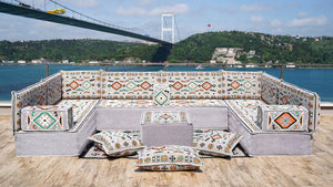 U Shaped Arabic Floor Sofa Set, Gray Floor Cushions, Balcony Patio Sofas, Pallet Sofa, Ethnic Sofa, Moroccan Sofas