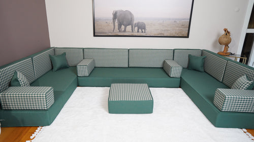 Green Gingham Haven: Modern Linen Floor Sofa Set – Minimalist Low Seating – Premium Fabric Ground Cushion – Boho Lounge Couch