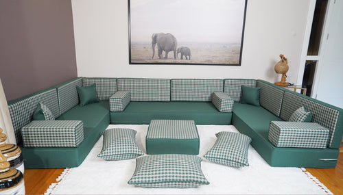 Green Gingham Haven: Modern Linen Floor Sofa Set – Minimalist Low Seating – Premium Fabric Ground Cushion – Boho Lounge Couch