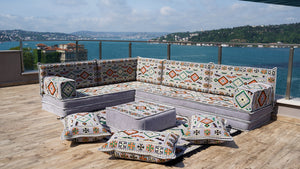 Gray L Shaped Corner Floor Couch, Moroccan Home Decor, Pallet Sofas, Oriental Floor Cushions, Bench Cushions