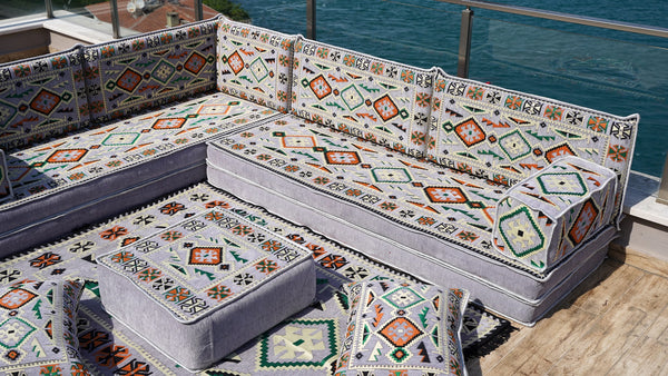Gray L Shaped Corner Floor Couch, Moroccan Home Decor, Pallet Sofas, Oriental Floor Cushions, Bench Cushions