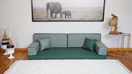 Green Gingham Haven: Aesthetic Linen Room Pad – Modular Floor Settee – Contemporary Lounge Design – Cozy Single Sofa