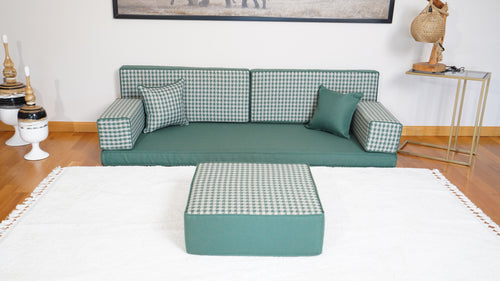Green Gingham Haven: Aesthetic Linen Room Pad – Modular Floor Settee – Contemporary Lounge Design – Cozy Single Sofa