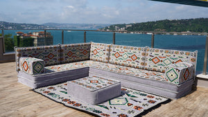 Gray L Shaped Corner Floor Couch, Moroccan Home Decor, Pallet Sofas, Oriental Floor Cushions, Bench Cushions
