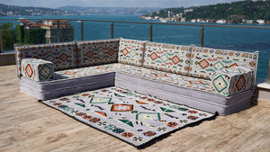 Gray L Shaped Corner Floor Couch, Moroccan Home Decor, Pallet Sofas, Oriental Floor Cushions, Bench Cushions