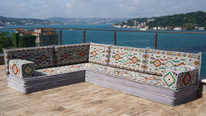 Gray L Shaped Corner Floor Couch, Moroccan Home Decor, Pallet Sofas, Oriental Floor Cushions, Bench Cushions
