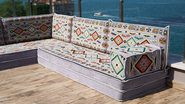 Gray L Shaped Corner Floor Couch, Moroccan Home Decor, Pallet Sofas, Oriental Floor Cushions, Bench Cushions