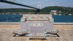 أريكة أرضية رمادية، مجلس عربي، أريكة غرفة معيشة مغربية، أريكة أرضية تركية مع أريكة عثمانية وسجادة، وسائد عرقية، أرائك حديقة تراس