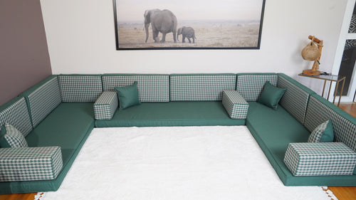 Green Gingham Haven: Modern Linen Floor Sofa Set – Minimalist Low Seating – Premium Fabric Ground Cushion – Boho Lounge Couch