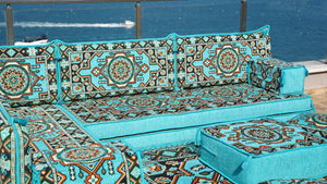 Hellblaue Boden-Sitzgarnitur, L-förmiges arabisches Sofa-Set, Orientalische Bodenbestuhlung, Bodenkissen, Ecksofa